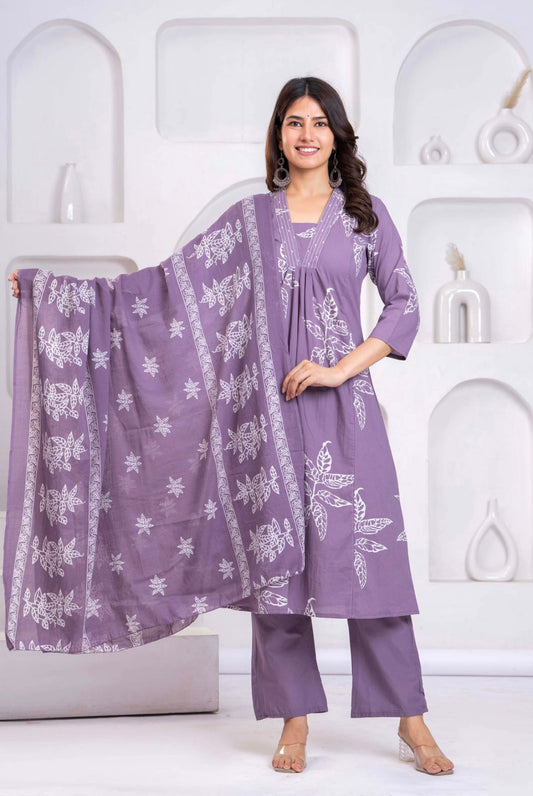 Floral Print Kurti with Trouser & Duppata Set